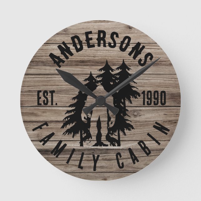 Bigfoot Cabin Rustic Wood Family Custom Name  Round Clock (Front)