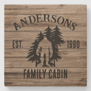 Bigfoot Cabin Rustic Wood Family Custom Name Stone Coaster