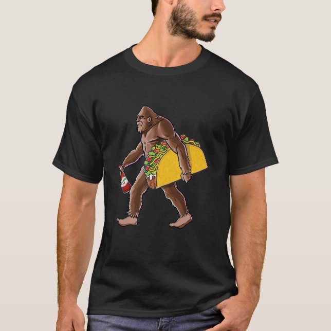 Bigfoot Carrying A Taco And A Bottle Of Hot Sauce  T-Shirt (Front)