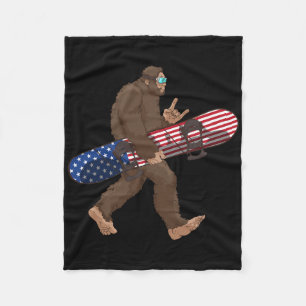 Bigfoot Carrying American Flag Snowboard For Snowb Fleece Blanket