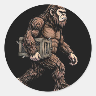 Bigfoot Carrying Chicken Crate Sasquatch Farm Humo Classic Round Sticker