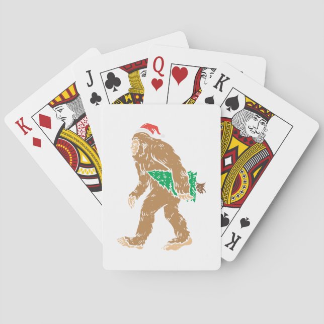 Bigfoot Carrying Christmas Tree Funny Sasquatch Xm Playing Cards (Back)