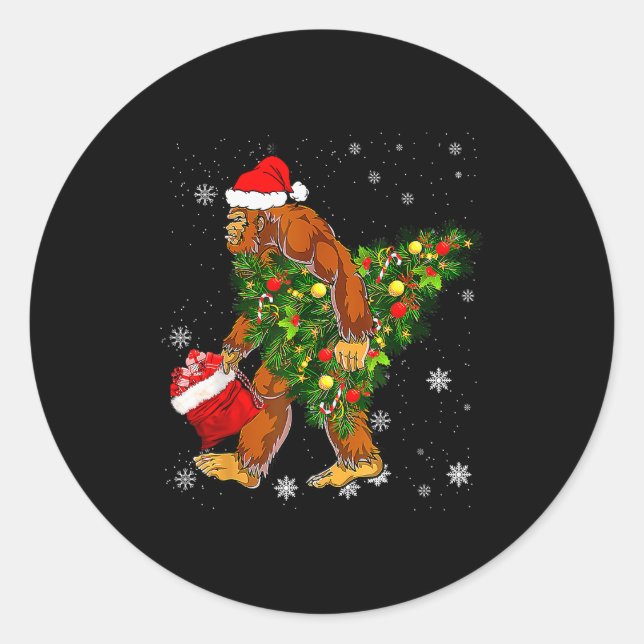 Bigfoot Carrying Christmas Tree Sasquatch Believer Classic Round Sticker (Front)