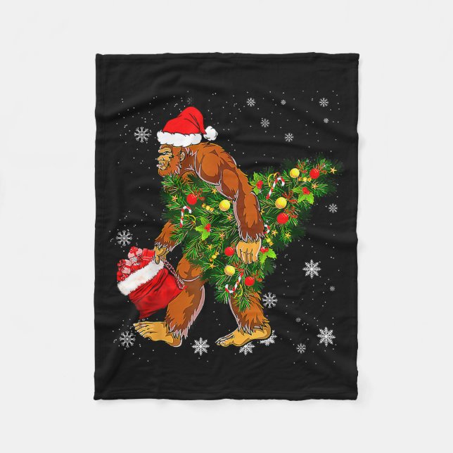 Bigfoot Carrying Christmas Tree Sasquatch Believer Fleece Blanket (Front)