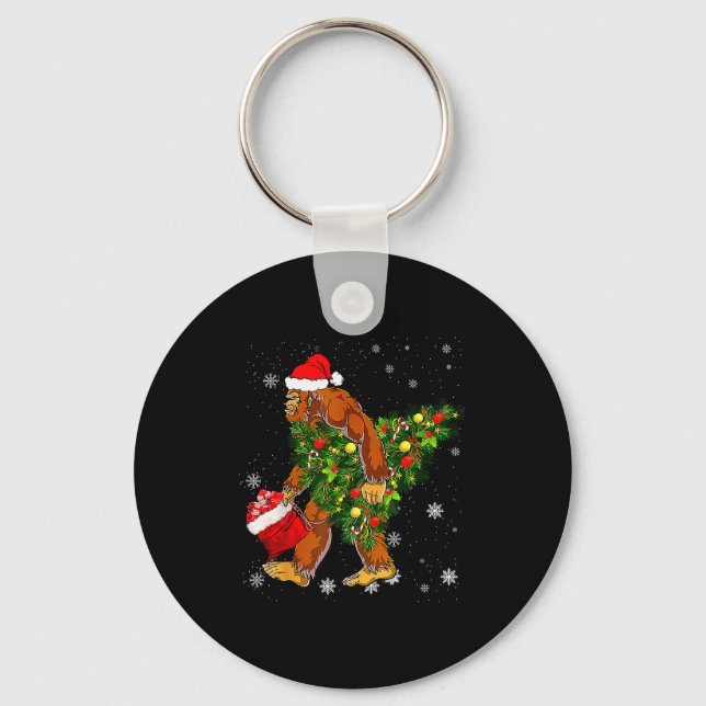 Bigfoot Carrying Christmas Tree Sasquatch Believer Key Ring (Front)