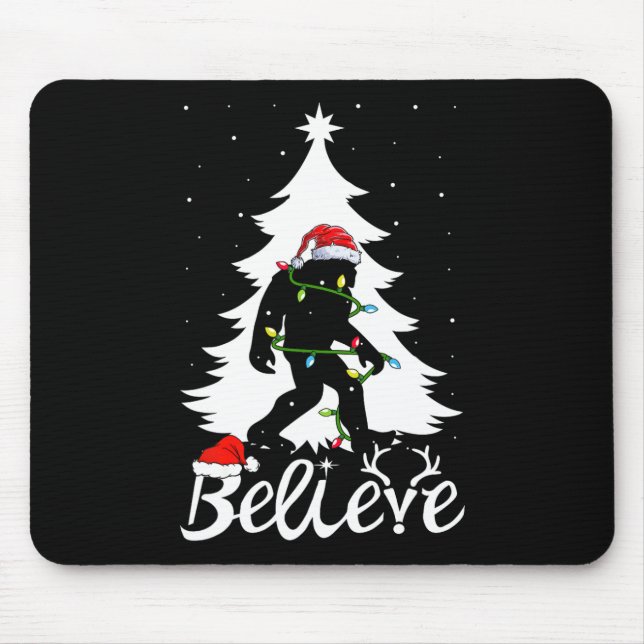 Bigfoot Carrying Christmas Tree Sasquatch Believer Mouse Pad (Front)