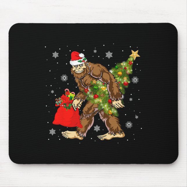 Bigfoot Carrying Christmas Tree Sasquatch Believer Mouse Pad (Front)