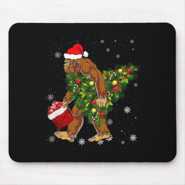Bigfoot Carrying Christmas Tree Sasquatch Believer Mouse Pad (Front)