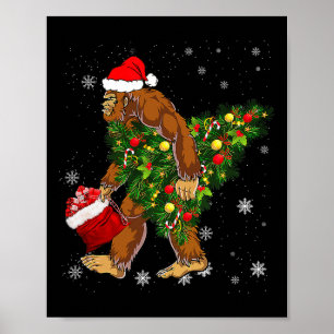 Bigfoot Carrying Christmas Tree Sasquatch Believer Poster