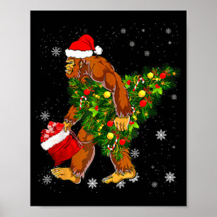 Bigfoot Carrying Christmas Tree Sasquatch Believer Poster