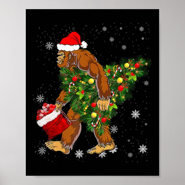 Bigfoot Carrying Christmas Tree Sasquatch Believer Poster (Front)