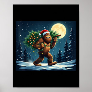 Bigfoot Carrying Christmas Tree Sasquatch Holiday  Poster