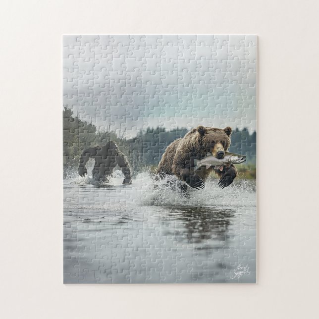 Bigfoot Chasing Bear: Photorealistic Jigsaw Puzzle (Vertical)