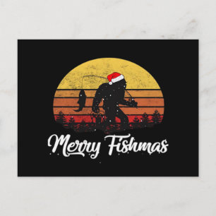 Bigfoot Christmas Santa Hat Merry Fishmas Vintage Holiday Postcard