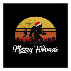 Bigfoot Christmas Santa Hat Merry Fishmas Vintage Poster