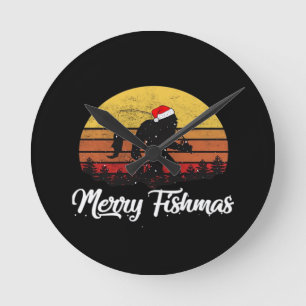 Bigfoot Christmas Santa Hat Merry Fishmas Vintage Round Clock