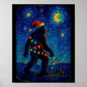 Bigfoot Christmas Sasquatch Santa Hat Starry Night Poster