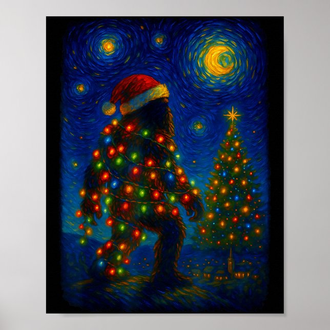 Bigfoot Christmas Sasquatch Santa Hat Starry Night Poster (Front)