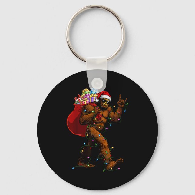 Bigfoot Christmas Shirts Boys Men Xmas Tree Lights Key Ring (Front)