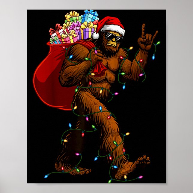 Bigfoot Christmas Shirts Boys Men Xmas Tree Lights Poster (Front)