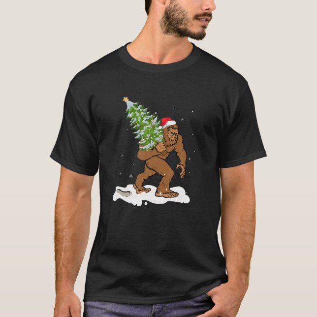 Bigfoot Christmas Tree Boys Men Sasquatch Santa T-Shirt (Front)