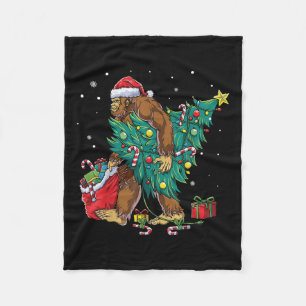 Bigfoot Christmas Tree Lights Funny Xmas Sasquatch Fleece Blanket