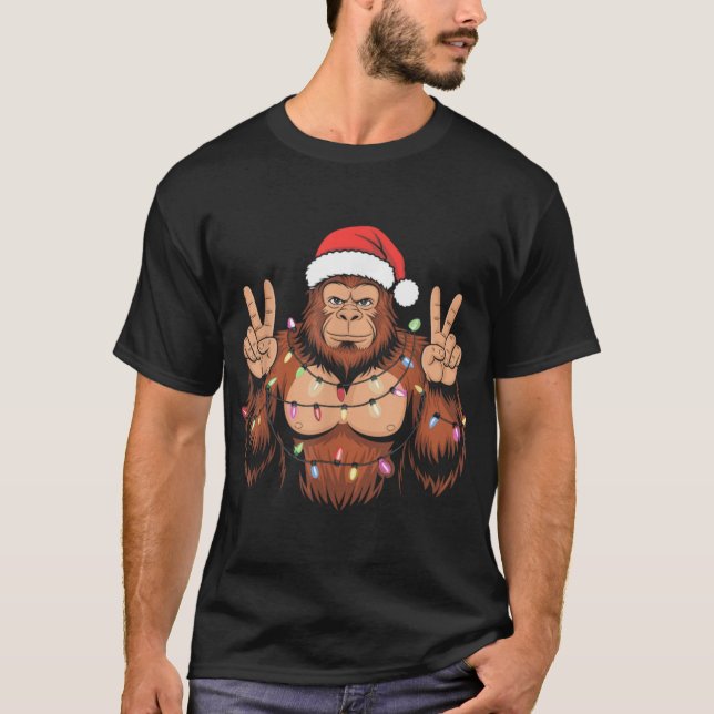Bigfoot Christmas Tree Lights Funny Xmas Sasquatch T-Shirt (Front)