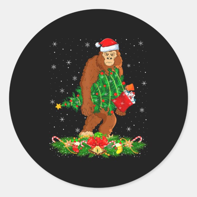 Bigfoot Christmas Tree Lights Santa Hat Funny Sasq Classic Round Sticker (Front)