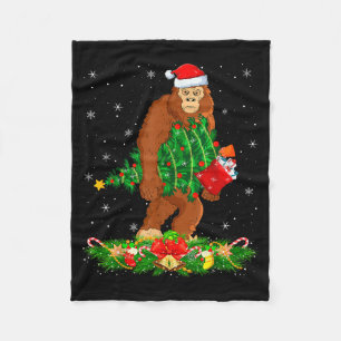 Bigfoot Christmas Tree Lights Santa Hat Funny Sasq Fleece Blanket