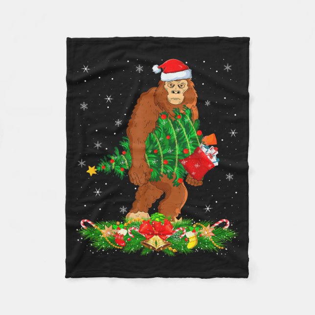 Bigfoot Christmas Tree Lights Santa Hat Funny Sasq Fleece Blanket (Front)