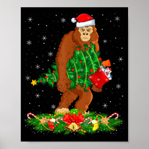 Bigfoot Christmas Tree Lights Santa Hat Funny Sasq Poster