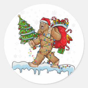 Bigfoot Christmas Tree Lights Xmas Boys Men Classic Round Sticker