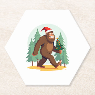 Bigfoot Christmas Tree Santa Hat (1) Paper Coaster