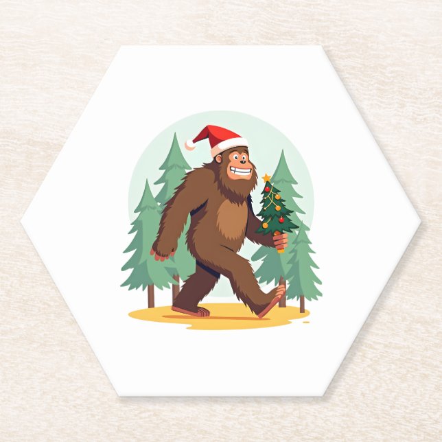 Bigfoot Christmas Tree Santa Hat (1) Paper Coaster (Front)