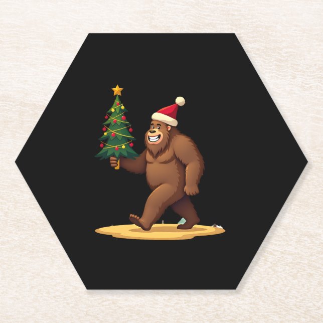Bigfoot Christmas Tree Santa Hat (1) Paper Coaster (Front)