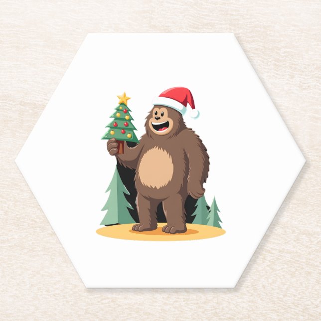 Bigfoot Christmas Tree Santa Hat (1) Paper Coaster (Front)
