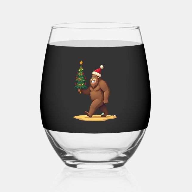 Bigfoot Christmas Tree Santa Hat (1) Stemless Wine Glass (Front)