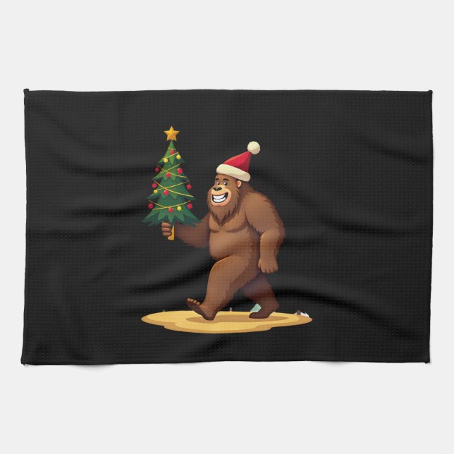Bigfoot Christmas Tree Santa Hat (1) Tea Towel (Horizontal)