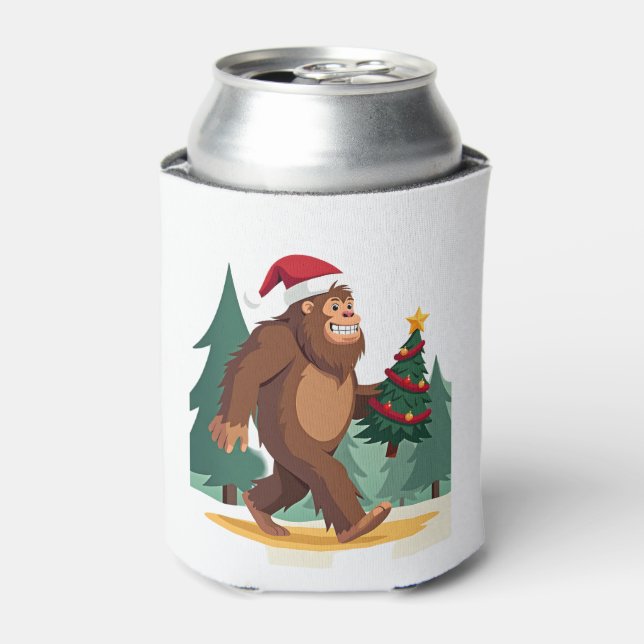Bigfoot Christmas Tree Santa Hat (2) Can Cooler (Can Front)