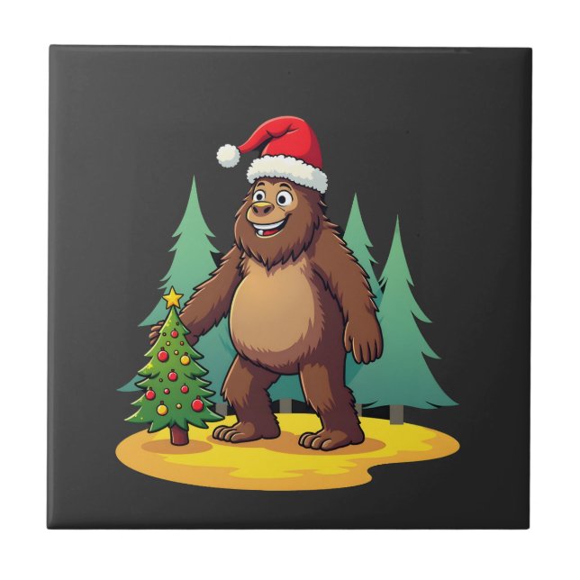 Bigfoot Christmas Tree Santa Hat (2) Ceramic Tile (Front)