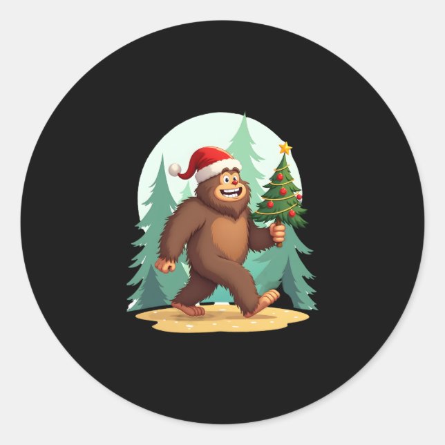 Bigfoot Christmas Tree Santa Hat (2) Classic Round Sticker (Front)