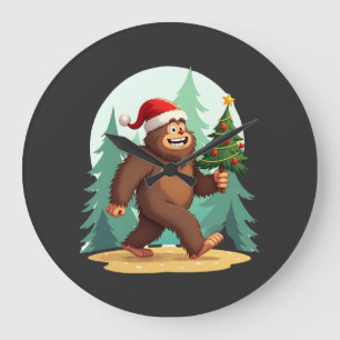 Bigfoot Christmas Tree Santa Hat (2) Large Clock