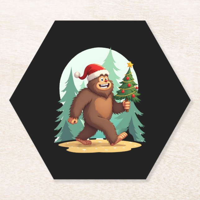 Bigfoot Christmas Tree Santa Hat (2) Paper Coaster (Front)