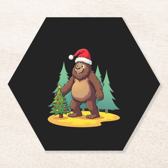Bigfoot Christmas Tree Santa Hat (2) Paper Coaster (Front)