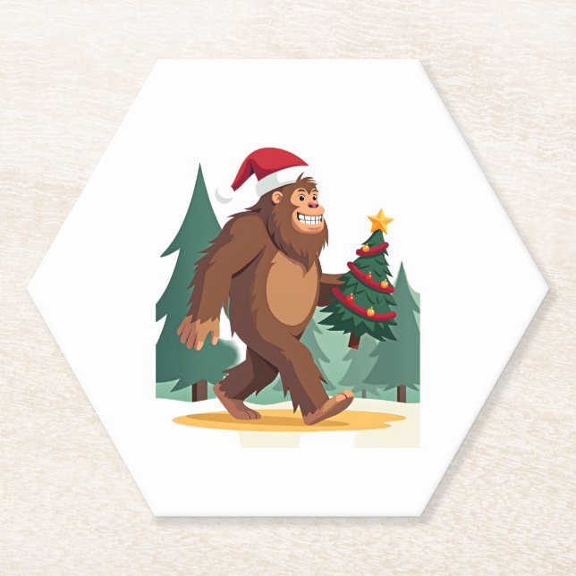 Bigfoot Christmas Tree Santa Hat (2) Paper Coaster (Front)