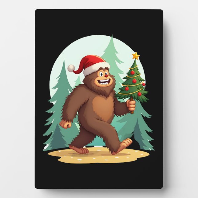 Bigfoot Christmas Tree Santa Hat (2) Plaque (Front)