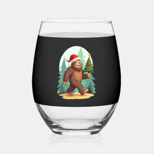 Bigfoot Christmas Tree Santa Hat (2) Stemless Wine Glass