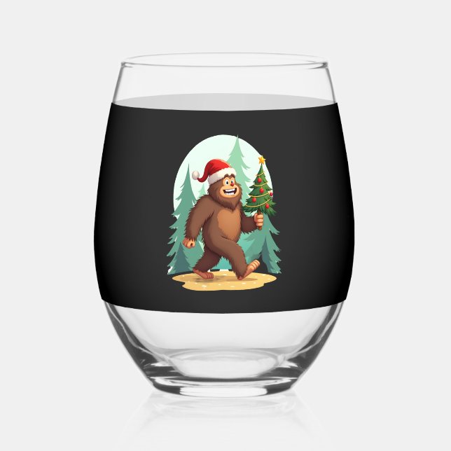 Bigfoot Christmas Tree Santa Hat (2) Stemless Wine Glass (Front)
