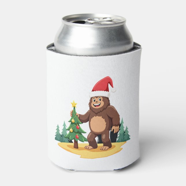 Bigfoot Christmas Tree Santa Hat (3) Can Cooler (Can Front)