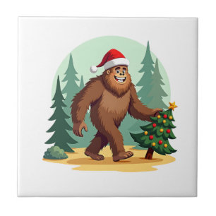 Bigfoot Christmas Tree Santa Hat (3) Ceramic Tile